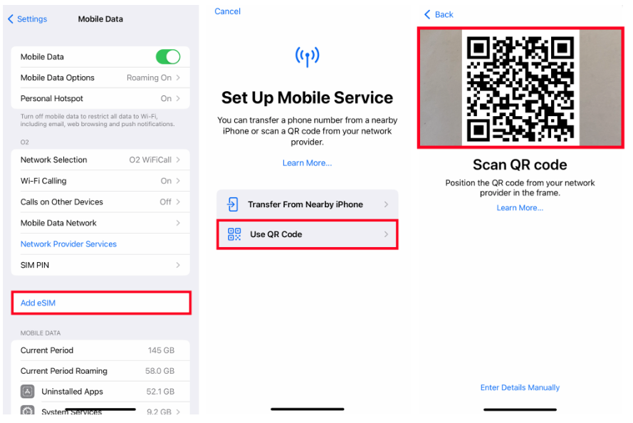 Visual representation of how to access eSIM installation settings